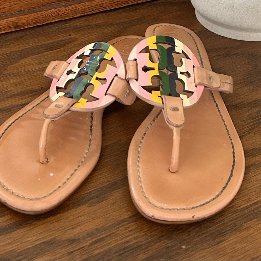 Tory Burch Tan Leather Sandal with Pink Yellow Green Logo Medallion Size-7